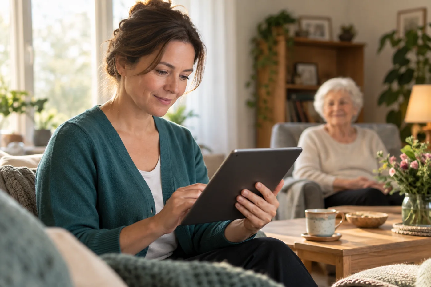 Frau nutzt ein Tablet zu Hause